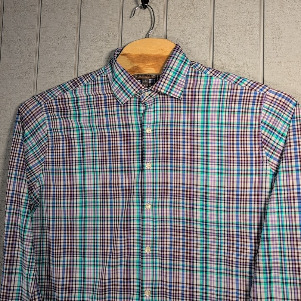 Peter Millar Mens Large Summer Comfort Button Down Plaid LS Shirt - Pelican L - Picture 6 of 12